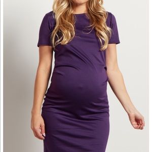 Purple short sleeve fitted maternity dress